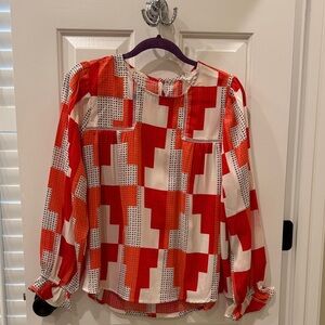Geometric Red and Cream Long-Sleeve Blouse